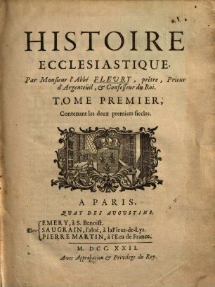 Histoire ecclésiastique, 1. Contenant les deux premiers siècles
