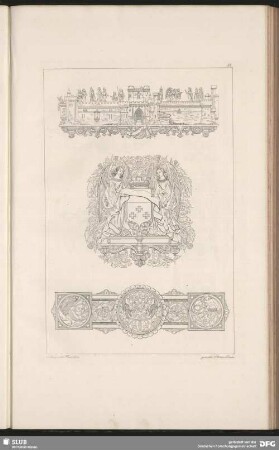 Gestaltung einer Architekturszenerie, eines Wappen gerahmt von Engeln und Ornamentik und einem Ornamentikstreifen mit fabelhaften Figuren und Floristik