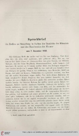 1: Spruchbrief des Rathes zu Strassburg in Sachen der Bauhütte des Münsters und des Handwerkes der Maurer : vom 7 December 1402