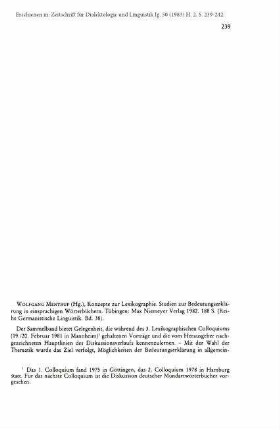 Wolfgang Mentrup (Hg.): Konzepte zur Lexikographie. Studien zur Bedeutungserklärung in einsprachigen Wörterbüchern. Tübingen: Max Niemeyer Verlag 1982. 188 S. (Reihe Germanistische Linguistik. Bd. 38). [Rezension]