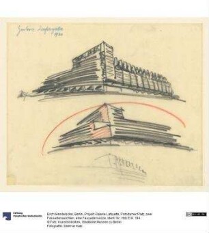 Berlin, Projekt Galerie Lafayette, Potsdamer Platz, zwei Fassadenasichten, eine Fassadenskizze