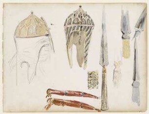 Tscherkessenhelm von vorne und von der Seite, fünf Studien nach Dolchen mit verzierten Beingriffen und zwei nach einer braunroten Dolchscheide, aus: "Bremer Skizzenbuch"