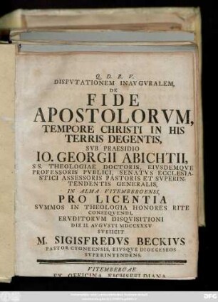 Dispvtationem Inavgvralem, De Fide Apostolorvm, Tempore Christi In His Terris Degentis