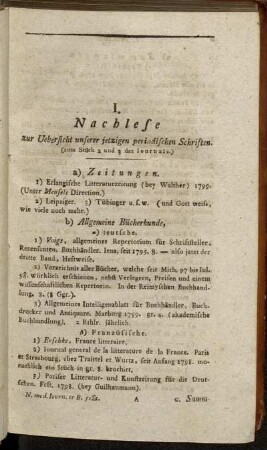 I. Nachlese zur Uebersicht unserer jetzigen periodischen Schriften.