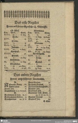 Das erste Register Derer erklärten Sprüche H. Schrifft