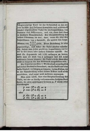 Tafel für den Logarithmen von ...