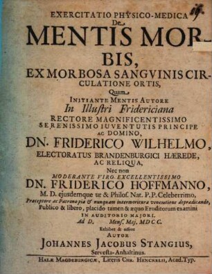 Exercitatio ... de mentis morbis, ex morbosa sanguinis circulatione ortis