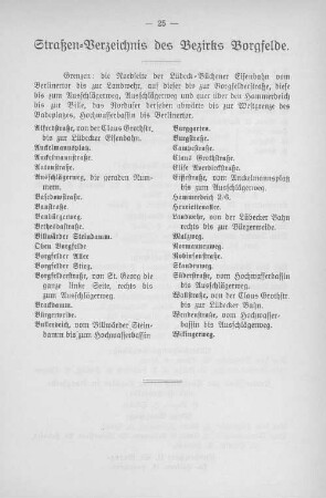 Straßen-Verzeichnis des Bezirks Borgfelde.