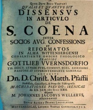 Qualis et quantus sit dissensus in art. de s. coena inter socios Aug. Conf. et reformatos ... dispiciet