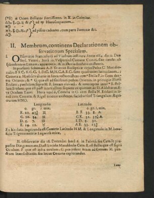 II. Membrum, continens Declarationem observationum Specialem.