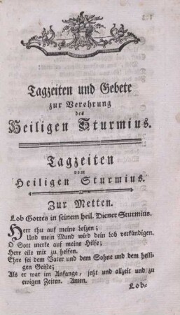 Tagzeiten und Gebete zur Verehrung des Heiligen Sturmius.