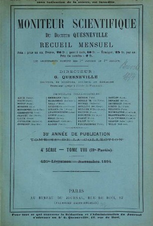 Le moniteur scientifique de Quesneville : journal des sciences pures et appliquées spécialement consacré aux chimistes et aux manufacturiers. [44,a]. 1894 = Choix de brevets