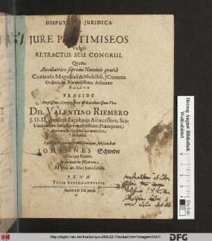 Disputatio Iuridica De Iure Protimiseos vulgo Retractus Seu Congrui