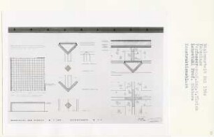 Kuranlage (Diplomarbeit bei Kurt Dübbers): Überdachung Kurhalle, Halterung für Aluminiumblech, Dachplatten, Detail, Draufsicht, Schnitt 1:200 und Detailpunkte 1:1