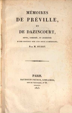 Mémoires de Préville, et de Dazincourt
