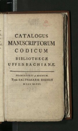 Catalogus Manuscriptorum Codicum Bibliothecae Uffenbachianæ