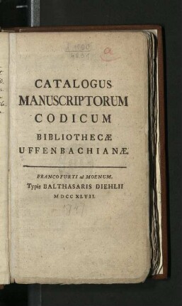 Catalogus Manuscriptorum Codicum Bibliothecae Uffenbachianæ