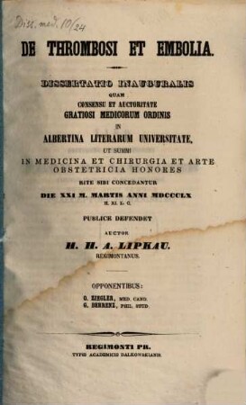 De thrombosi et embolia : dissertatio inauguralis