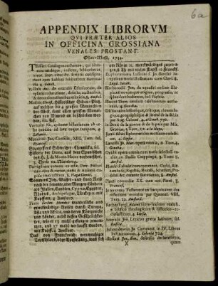 1734,1: Appendix librorum qui praeter alios in Officina Libraria Grossiana venales prostant