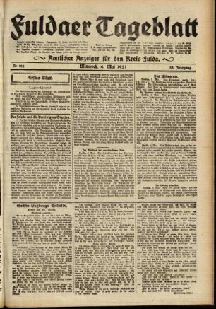 Erste Ausgabe vom Mittwoch, den 04. Mai 1921.
