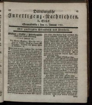 II. Stück. Sonnabends: den 13. Januar 1781.