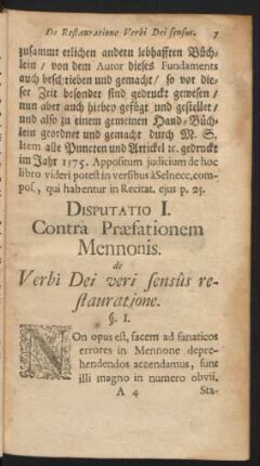 Disputatio I. Contra Præfationem Mennonis. de Verbi Dei veri sensûs restauratione