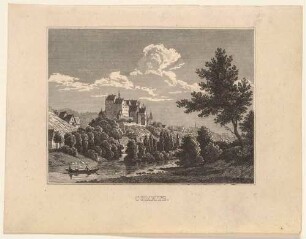 Stadtansicht von Colditz an der Mulde mit dem Renaissanceschloss vom Ufer im Nordwesten, aus Schiffners Beschreibung von Sachsen um 1840