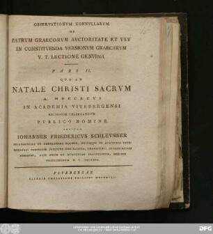 Pars II.: Observationvm Nonnvllarvm De Patrvm Graecorvm Avctoritate Et Vsv In Constitvenda Versionvm Graecarvm V.T. Lectione Genvina Pars II.