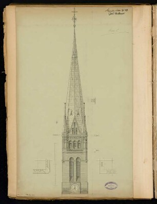 Turm der Marienkirche, Berlin Monatskonkurrenz Dezember 1890: 2 Skizzen Grundrisse im Auschnitt, Aufriss Vorderansicht; Maßstabsleiste