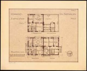 Zweifamilienhaus Monatskonkurrenz Februar 1930: (je ein halber) Grundriss Keller, Erdgeschoss, Obergeschoss, Dachgeschoss 1:100; Maßstabsleiste