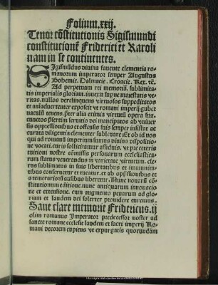 Tenor co[n]stitution]is Sigismu[n]di co[n]stitutio[n]es Friderici et Karolinam in se co[n]tinens. fo
