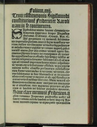 Tenor co[n]stitution]is Sigismu[n]di co[n]stitutio[n]es Friderici et Karolinam in se co[n]tinens. fo