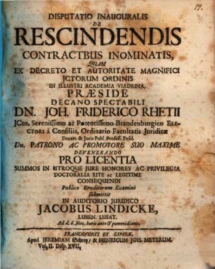 Disp. inaug. de rescindendis contractibus innominatis