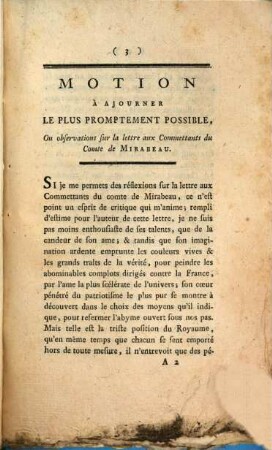 Motion à ajourner le plus promptement possible, [ou observations sur la lettre aux commettants du comte de Mirabeau]