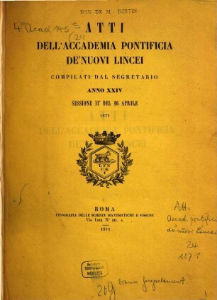 Atti dell'Accademia Pontificia dei Nuovi Lincei. 24, 24. 1871