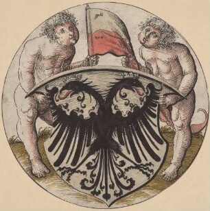 Wappen mit dem Doppeladler, von zwei Kindern gehalten
