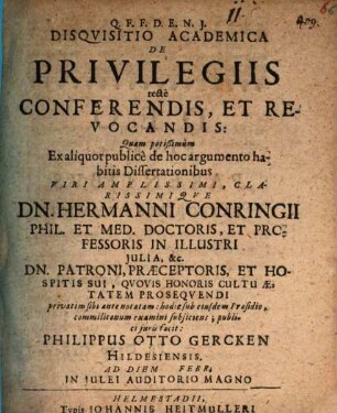 Disquisitio acad. de privilegiis recte conferendis, et revocandis