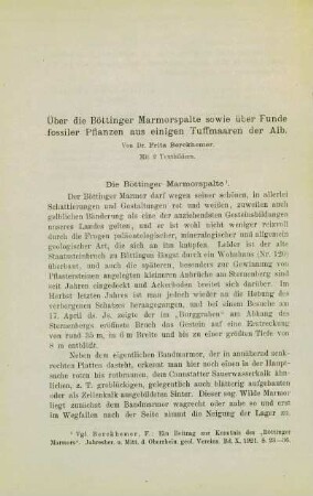 Über die Böttinger Marmorspalte sowie über Funde fossiler Pflanzen aus einigen Tuffmaaren der Alb