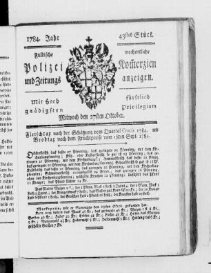 43tes Stück., Ausgabe vom 27. Oktober 1784