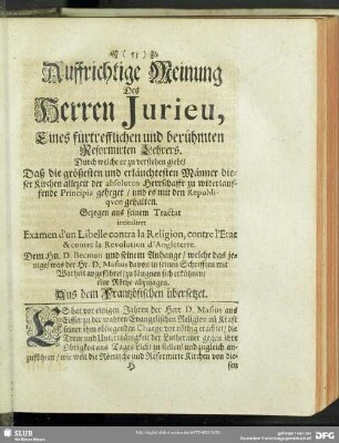 Auffrichtige Meinung Des Herren Jurieu, Eines fürtrefflichen und berühmten Reformirten Lehrers