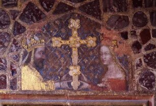 Wandgemälde "Karl IV. und Anna von Schweidnitz verehren das böhmische Reliquienkreuz", Karlstein, Tschechische Republik