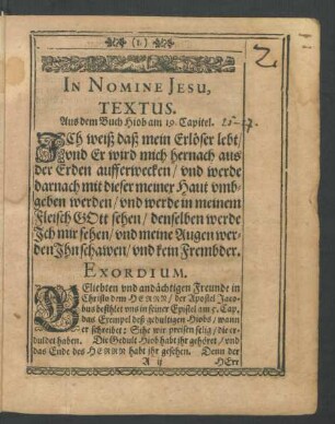 Textus. Aus dem Buch Hiob am 19. Capitel.