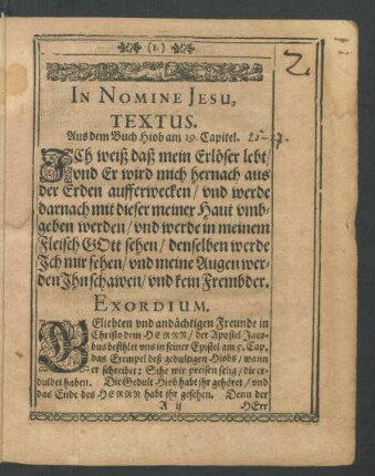 Textus. Aus dem Buch Hiob am 19. Capitel.