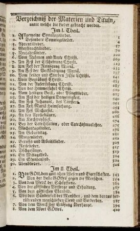 Verzeichniß der Materien und Tituln, unter welche die Lieder gebracht worden.