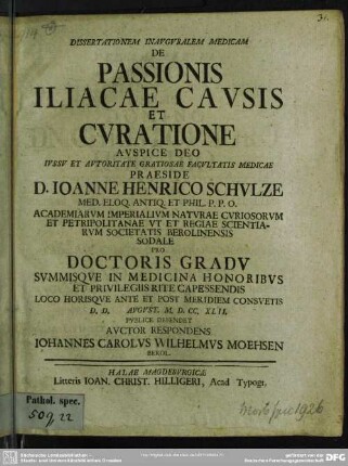 Dissertationem Inauguralem Medicam De Passionis Iliacae Causis Et Curatione