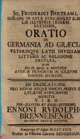 Oratio de Germania ad Graeciae veterisque Latii invidiam litteris ac religione exculta