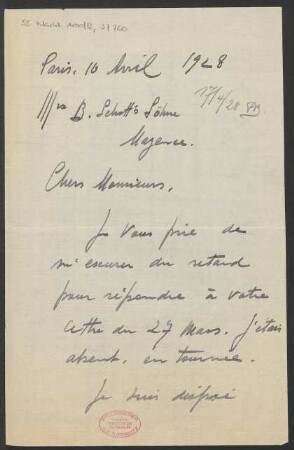 Brief an B. Schott's Söhne : 16.04.1928