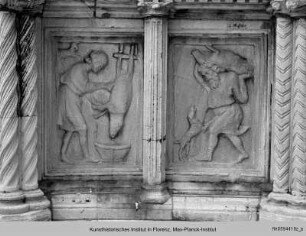 Fontana Maggiore : Unteres Becken mit Darstellungen aus dem Alten Testament, der Artes mechanicae, der Sieben Freien Künste und Monatsdarstellungen : Allegorische Monatsdarstellung des Dezember mit Tierkreiszeichen Steinbock