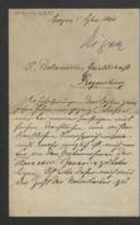 Brief von Gottfried Eigner an Regensburgische Botanische Gesellschaft