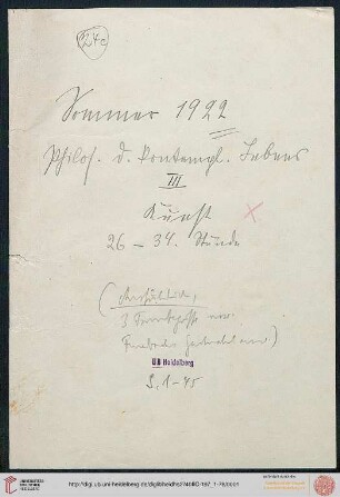 Sommer 1922. Philos. d. kontempl. Lebens III. Kunst (Manuskripttitel)